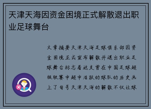 天津天海因资金困境正式解散退出职业足球舞台 天津天海因资金困境正式解散退出职业足球舞台