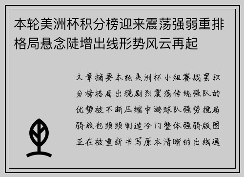 本轮美洲杯积分榜迎来震荡强弱重排格局悬念陡增出线形势风云再起